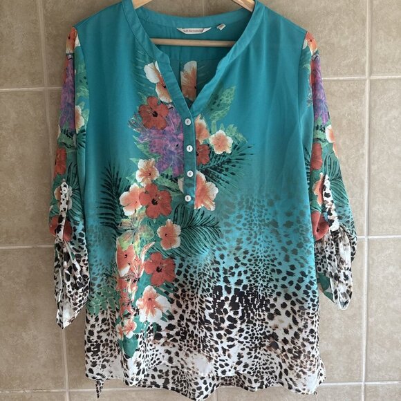 Soft Surroundings Tunic Top Women Small Blue Floral Leopard Print Tropical Sheer - Picture 1 of 10